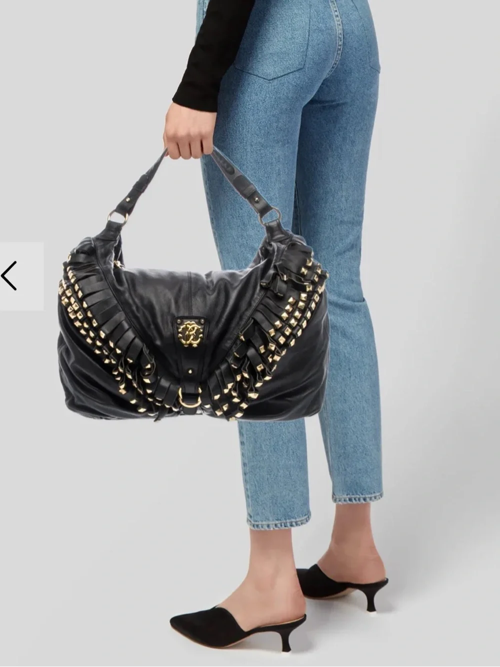 ROBERTO CAVALLI Fringed and Studded Soft XL Leather Black Hobo! Rare! Like New!